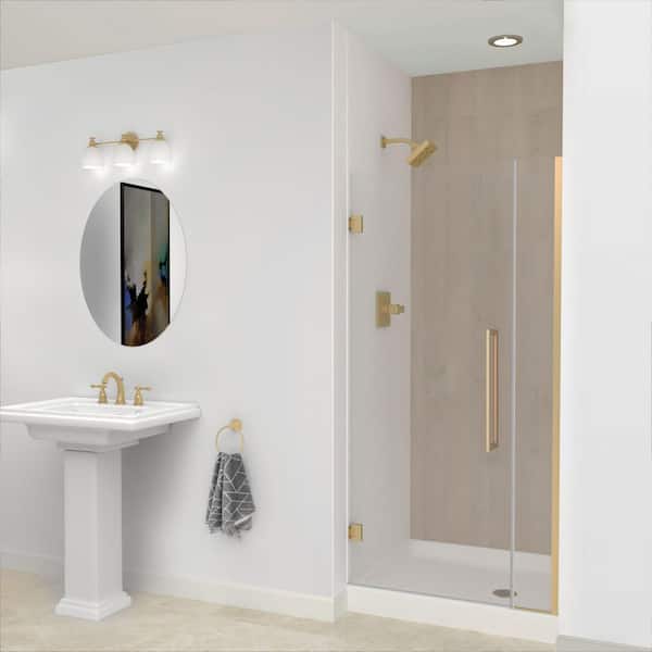 Elizabeth 34 in. W x 76 in. H Hinged Frameless Shower Door in Champagne Bronze with Clear Glass