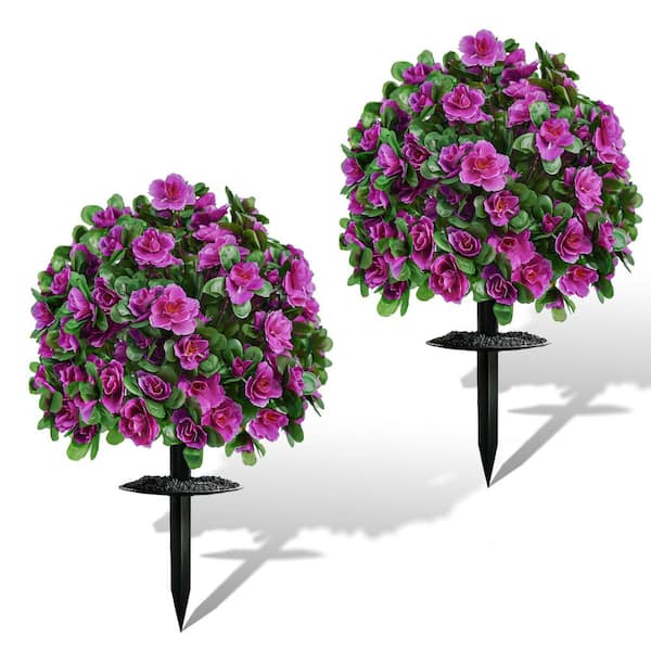 21 in. Rose Purple Artificial Outdoor Flower Topiary Double Pack with Ground Spike