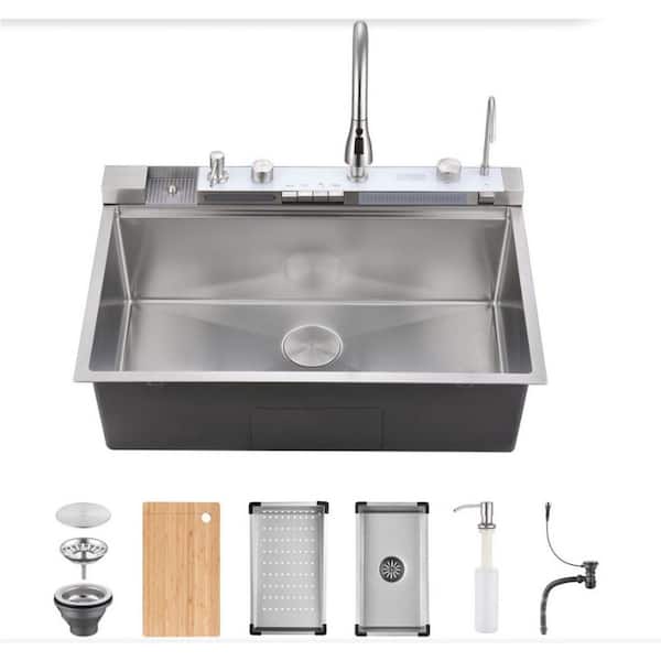 33 in. Drop-In Single Bowl 18 Gauge Brushed Nickel Stainless Steel Workstation Kitchen Sink with Faucet, Cup Washer