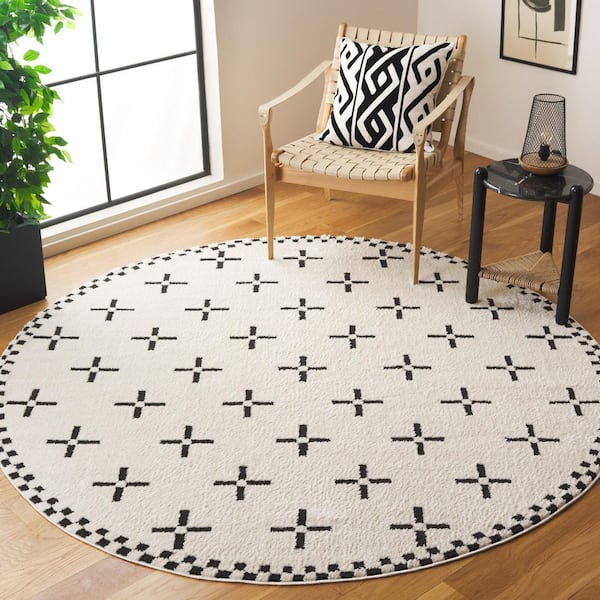 Melody 4 ft. x 4 ft. Ivory/Black Geometric Crossed Round Area Rug