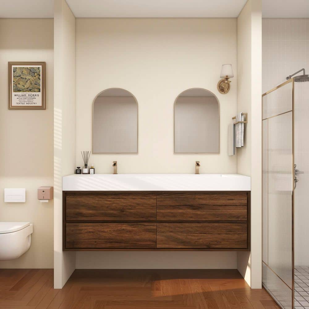 Saggie 71 in. W. x 20 in. D x 28 in. H Double Sink Floating Bath Vanity in Rosewood with White Acrylic Top price history on PriceWatchPro
