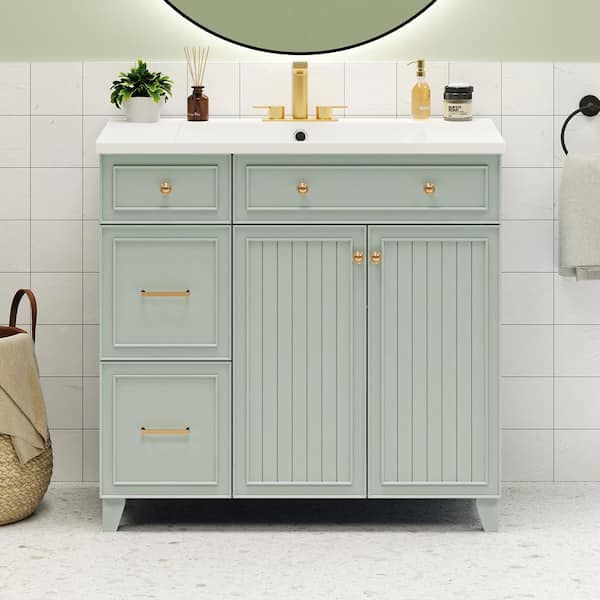 Qualler 36 in. W x 18 in. D x 34 in. H Single Sink Freestanding Bath Vanity in Green with White Resin Top