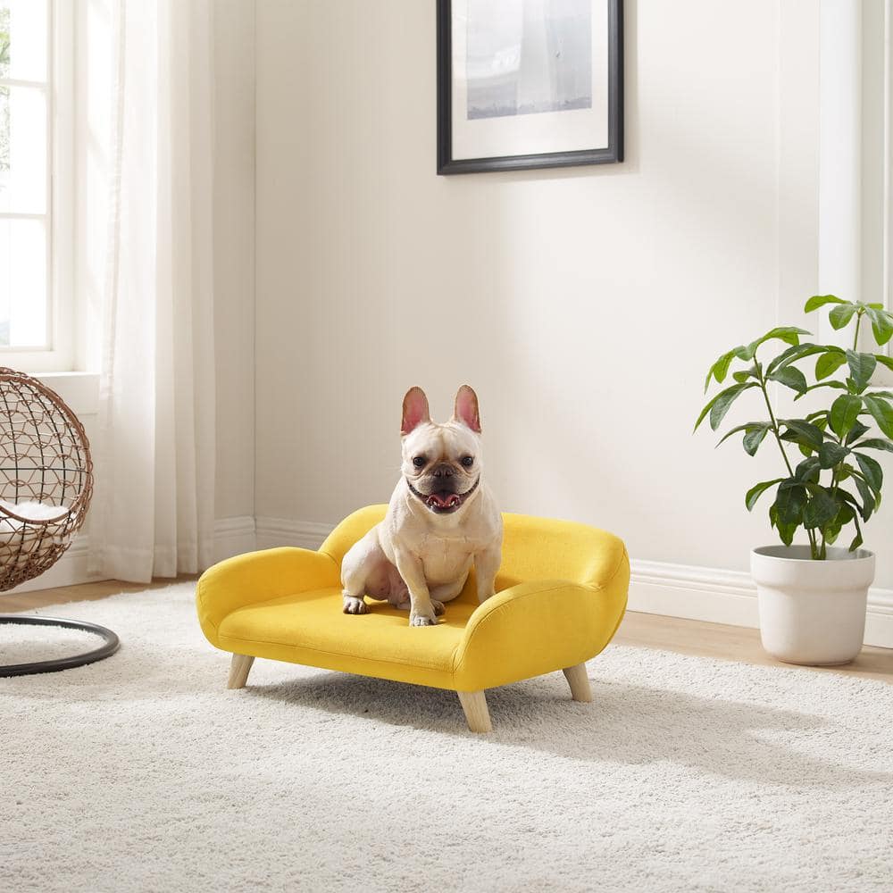 Medium Yellow Fabric Pet Sofa with Wooden Legs