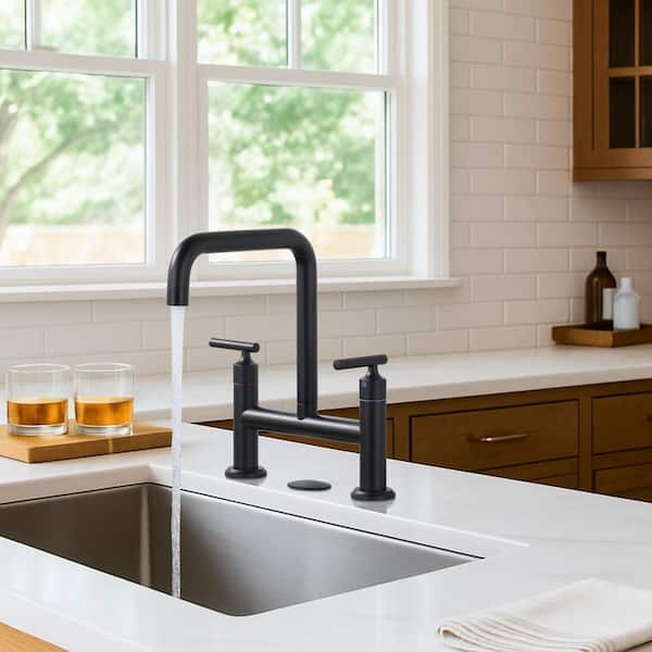 Double Handle Bridge Faucet with Kitchen Sink Hole Cover in Matte Black
