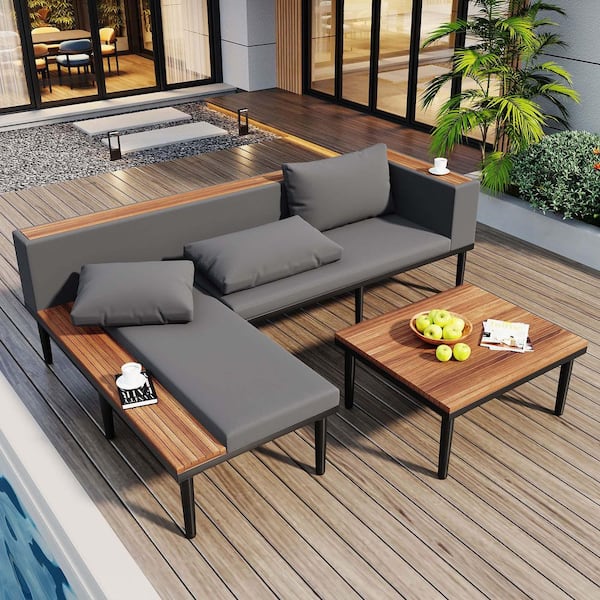 2-Piece Wood Patio Conversation Set, Outdoor Sectional Sofa Set with Gray Removable Cushions, 1 Coffee Table, Brown