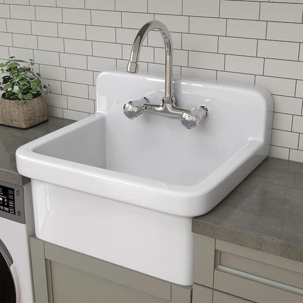 Getpro 24 in. Wall Mount Laundry Utility Sink in White - Farmhouse Ceramic with Bracket & Strainer