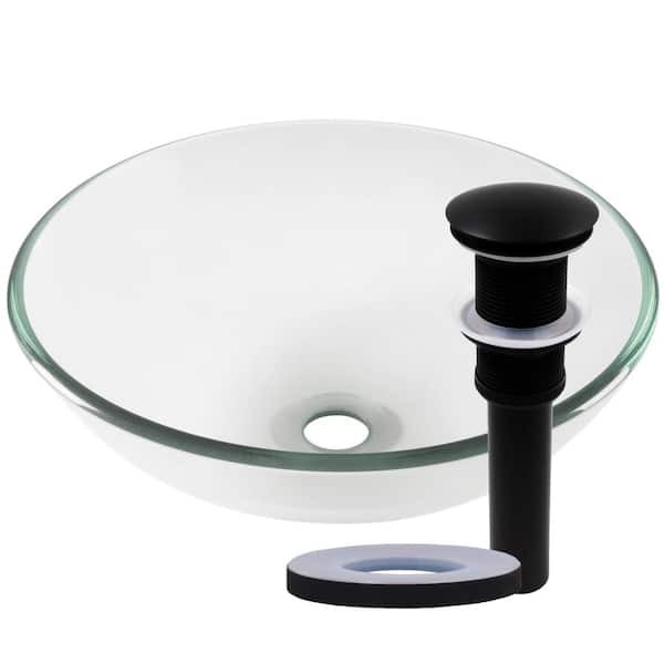 Novatto Bonificare Clear Glass Round Vessel Sink with Drain in Matte Black