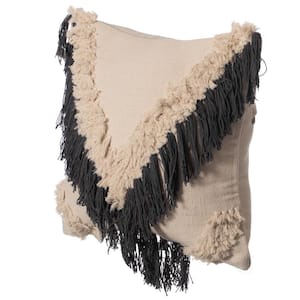16 in. x 16 in. Charcoal Handwoven Cotton Throw Pillow Cover with Embossed and Fringed Crossed Line