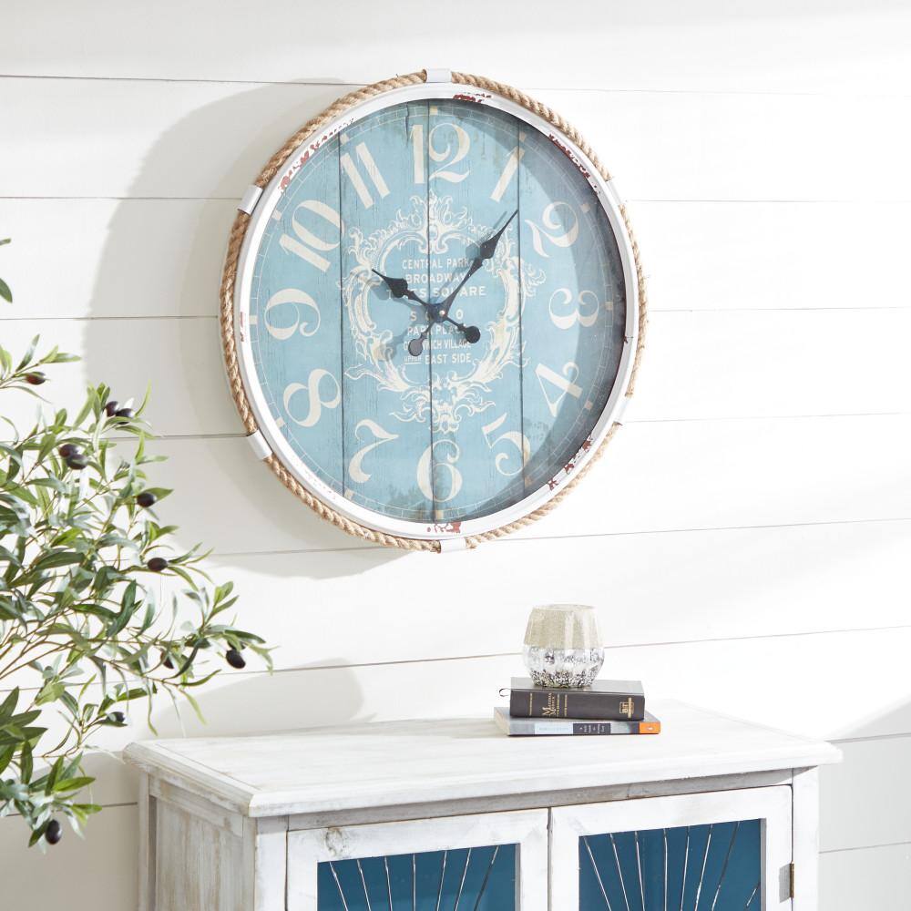 Coastal Blue and White Round Metal Wall Clock with Rope Accent, 25"