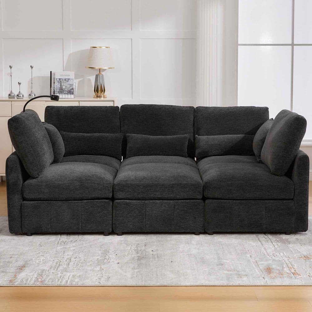 85.4 in. Round Arm Chenille Sectional Sofa with a Movable Ottoman and 2 USB Ports and a Phone Holder in. Black
