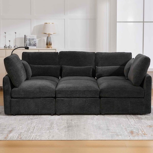 85.4 in. Round Arm Chenille Sectional Sofa with a Movable Ottoman and 2 USB Ports and a Phone Holder in. Black