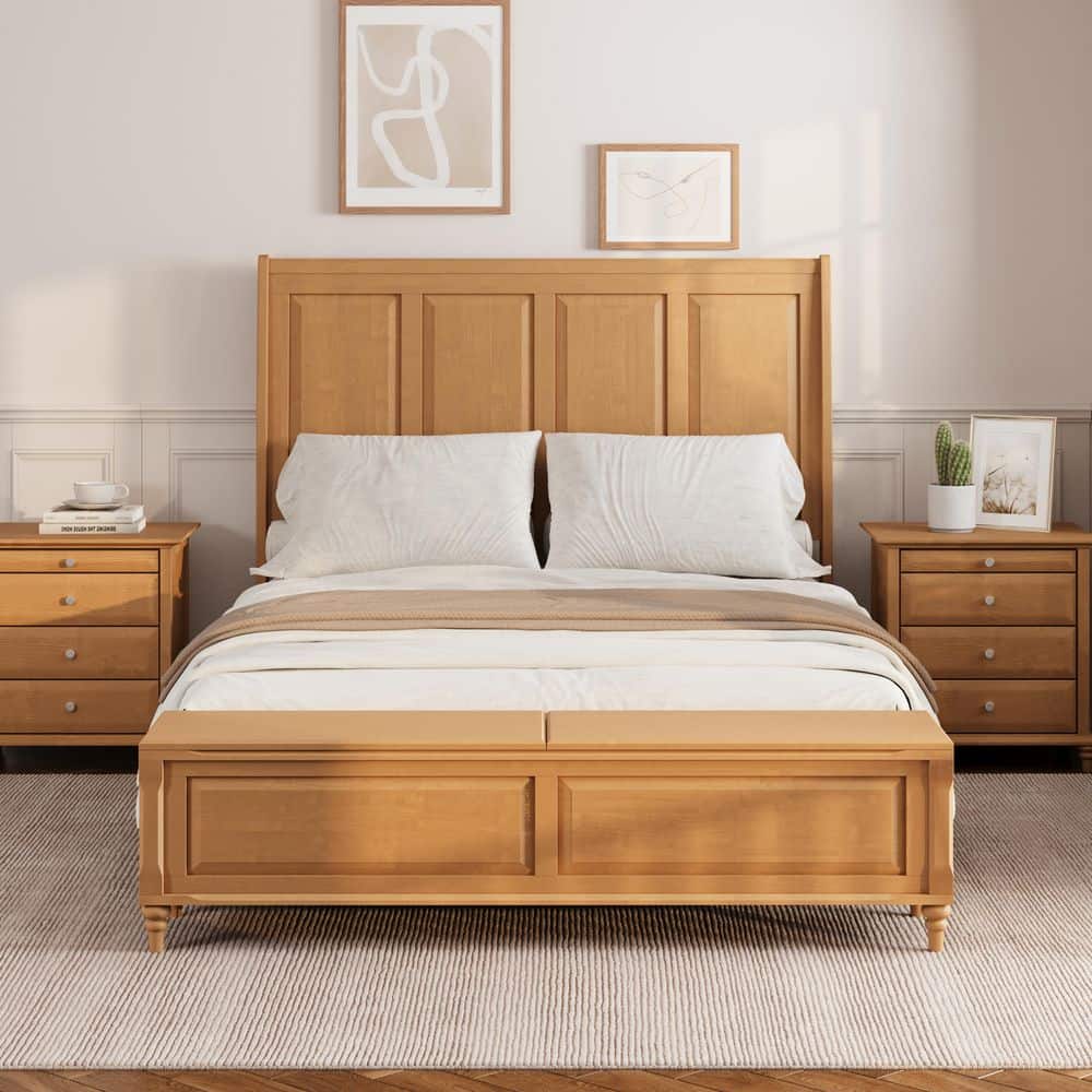 Caldwell Modern Natural Brown Finish Wood Frame Queen Size Platform Bed with High Headboard and Storage Bench Chest