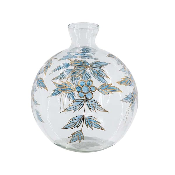 D8x9" Round Clear Glass Vase with Blue and Gold Botanical Motifs， Decorative Jar Vases for Home Decor SMW2078P568215