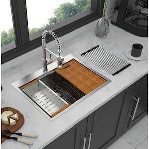 28 in. Drop-In Single Bowl 16 Gauge Brushed Nickel Stainless Steel Kitchen Sink with Workstation