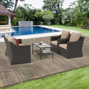 4-Pieces PE Rattan Wicker Outdoor Sofa Set Conversation Furniture Couch with Beige Cushions