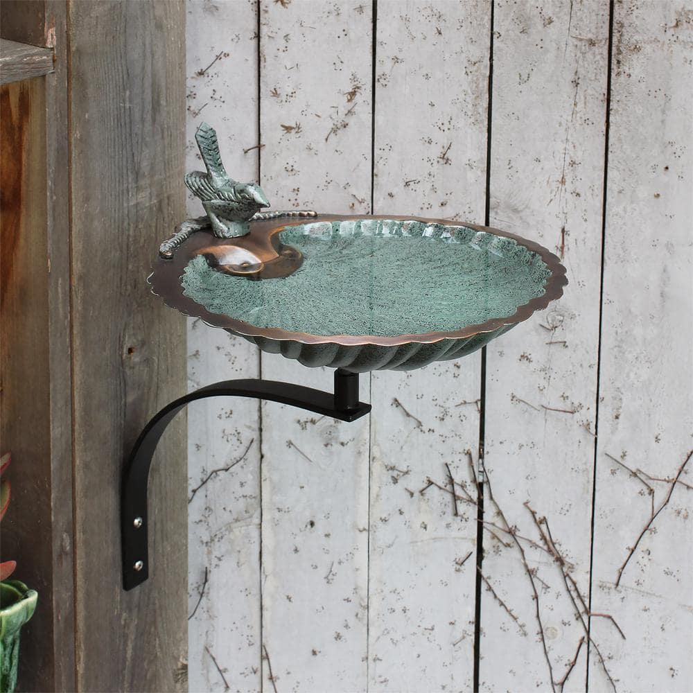 Verdigris Scalloped Shell Bird Bath with Wall Bracket