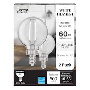 60-Watt Equivalent G16.5 Dimmable White Filament CEC Clear Globe E12 Candelabra LED Light Bulb, True White 3500K(2-Pack)