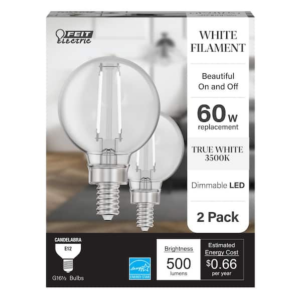 Feit Electric 60-Watt Equivalent G16.5 Dimmable White Filament CEC Clear Globe E12 Candelabra LED Light Bulb, True White 3500K(2-Pack)