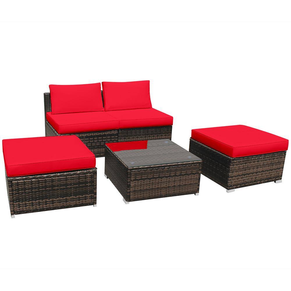 5-Piece Wicker Outdoor Sectional Set Sofa Set Lounge Chair with Red Cushions -  HONEY JOY, TOPB003935