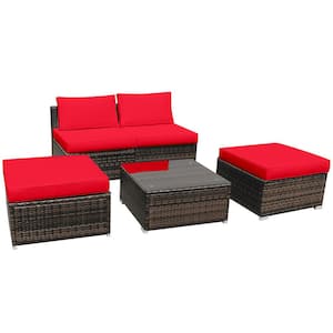 5-Piece Wicker Outdoor Sectional Set Sofa Set Lounge Chair with Red Cushions