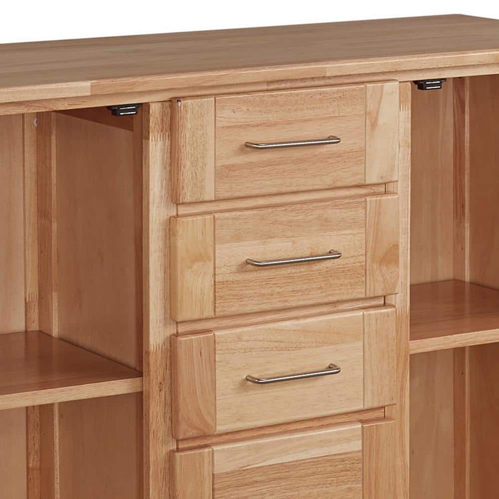 Natural Oak Drop-Leaf Rectangular Kitchen Cart with Spice Rack and Storage