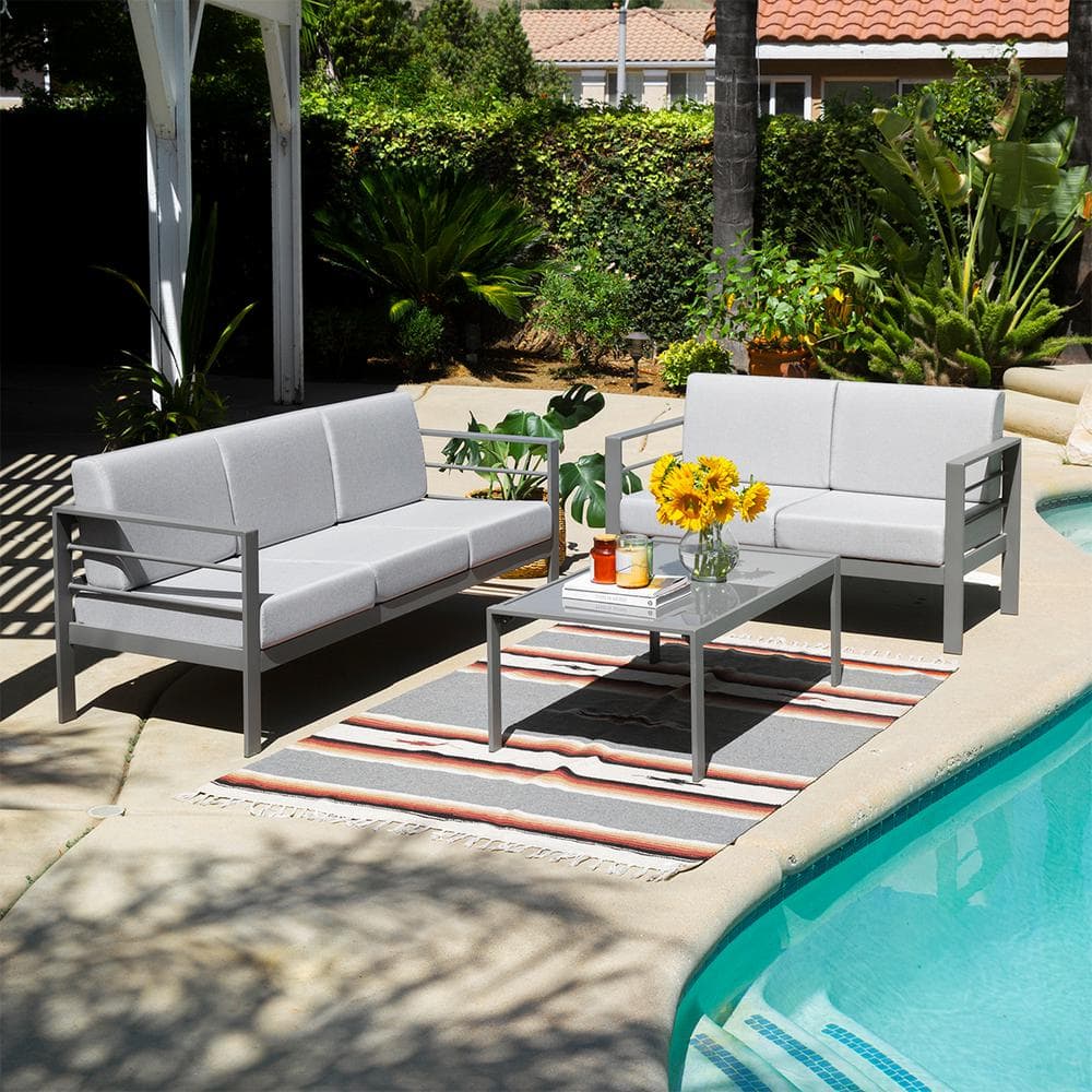 Barton Modern and Contemporary 3Piece Gray Aluminum Outdoor Patio Sofas and Table Conversation