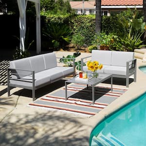 Modern and Contemporary 3-Piece Gray Aluminum Outdoor Patio Sofas and Table Conversation Set with Cushions