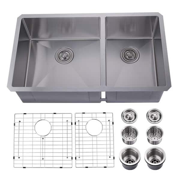 33 in. x 19 in. Drop-in Stainless Steel 60/40 Split Double Bowl Kitchen Sink w/Strainers &Bottom Grids in Brushed Nickel