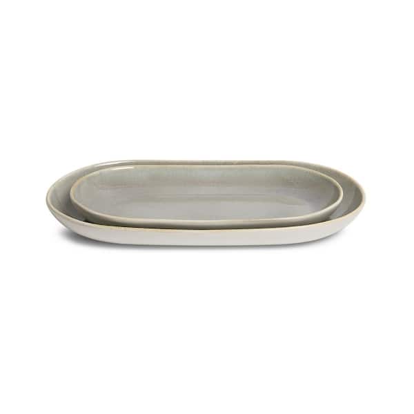 Resona 14 in. x 7.6 in. and 12 in. x 6 in. Moss/Cream Large Stoneware Serving Platters Set of 2