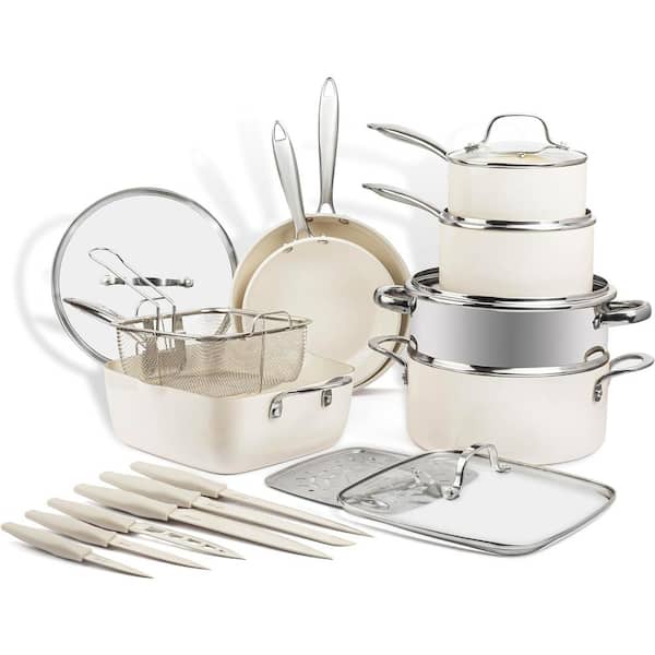 Gotham Steel Natural Collection 20-Piece Aluminum Ultra Performance Ceramic Nonstick Knife and Cookware Set in Cream
