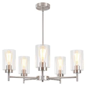 Delmo 5-Light Nickel Dimmable Rustic Chandelier with Cylinder Glass Shade Kitchen Island Pendant Light for Living Room