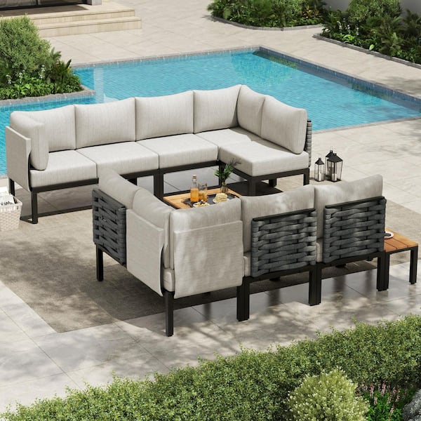 INNUMIA 12 Pieces Black Metal Outdoor Patio Conversation Set with 6 in. Gray Cushions, L-Shaped Sectional Sofa with Coffee Table