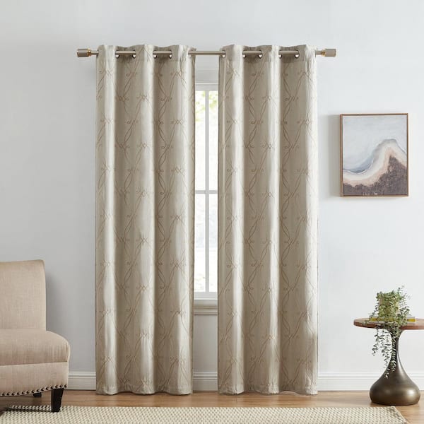 Elrene Palmetto Natural Polyester Embroidered Lattice 37 in. W x 63 in. L Grommet Top Indoor Blackout Curtains (Set of 2)