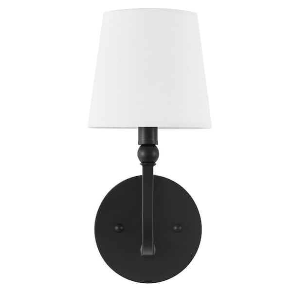 Hampton Bay Canterwood 1-Light Black Indoor Wall Sconce Light Fixture with Tapered Fabric Shade