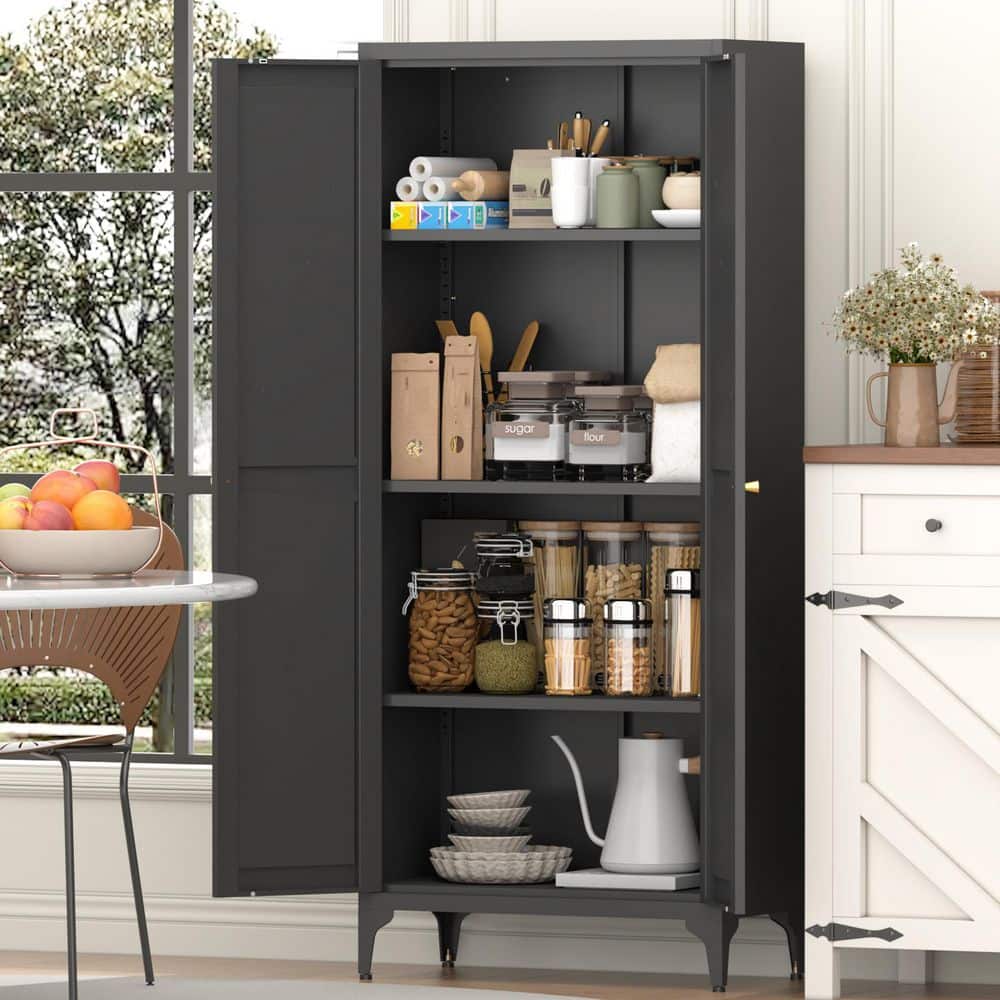 65 in. Black Steel Kitchen Storage Cabinet, 4-Tier Bookcase w/ Adjustable Shelves for Dining Area, Bedroom and Office price history on PriceWatchPro