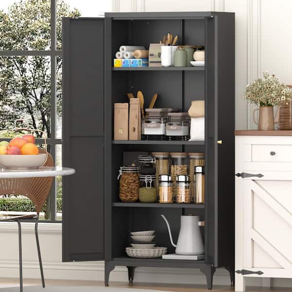 65 in. Black Steel Kitchen Storage Cabinet, 4-Tier Bookcase w/ Adjustable Shelves for Dining Area, Bedroom and Office