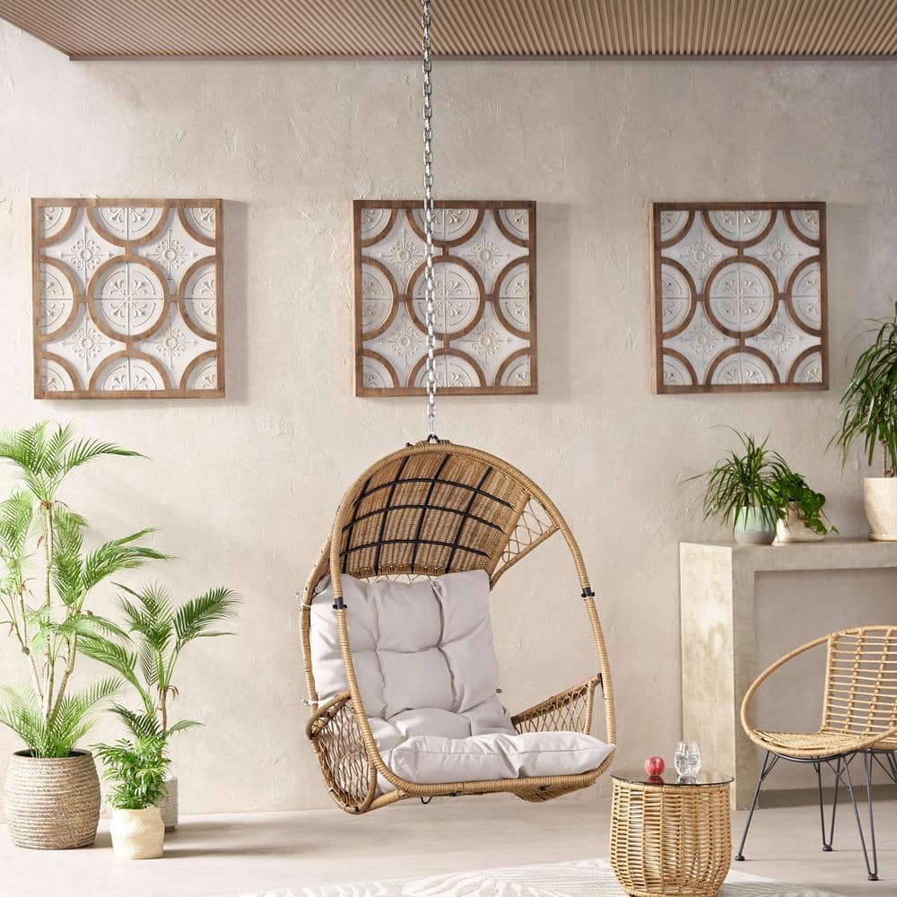 Scandinavian Light Brown Outdoor Egg Hanging Chair with Beige Cushions