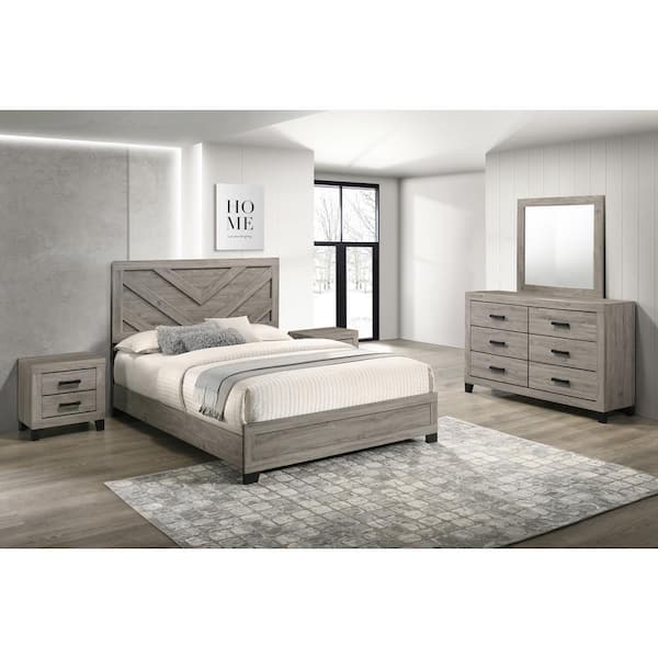 Best Quality Furniture Ararat 5-Piece Light Grey Color Wood Frame Queen Panel Bedroom Set with Nightstand