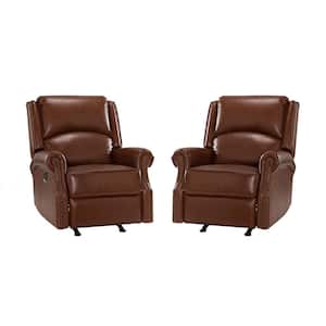 Torivio 32.67 in. Wide Brown Genuine Leather Manual Rocker Recliner with Rolled Arms(Set of 2)