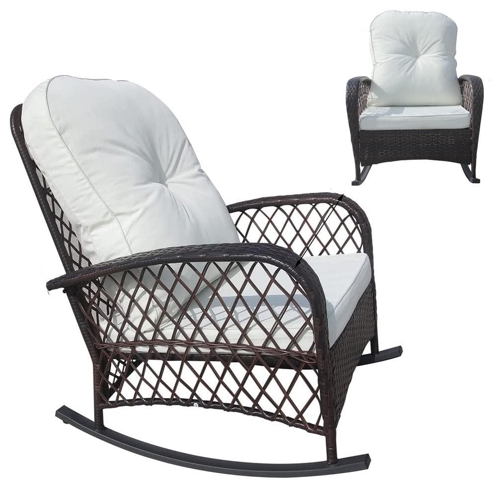 Patio Brown Wicker Outdoor Rocking Chair with White Cushion, Weight Capacit