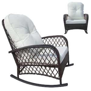 Patio Brown Wicker Outdoor Rocking Chair with White Cushion, Weight Capacity 330 lbs. - 1-Pack