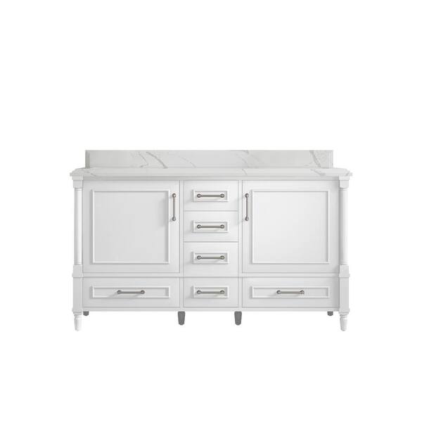 Willow Collections Hudson 60 in. W x 22 in. D x 36 in. H Double Sink Bath Vanity in White with Cove Edge Calacatta Quartz Top