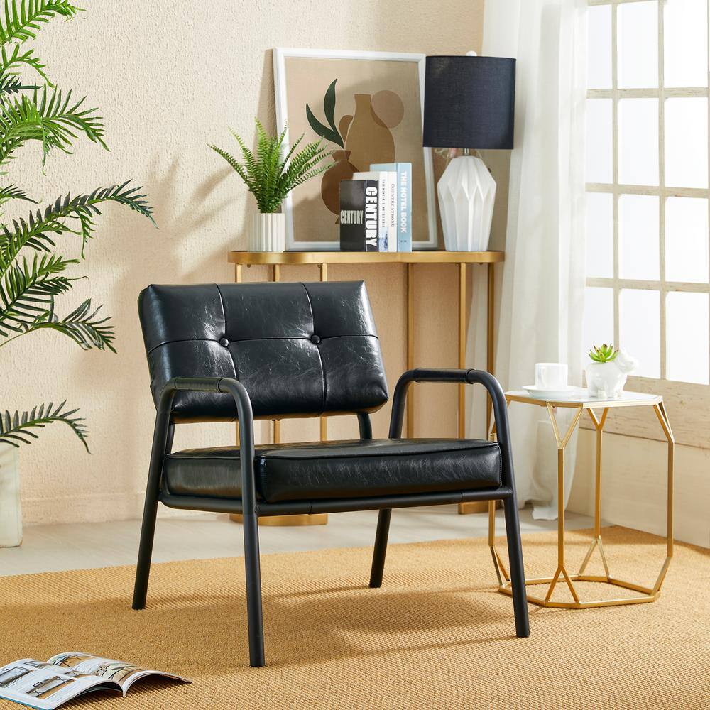 Black Leatherette Mid-Century Modern Metal Accent Chair