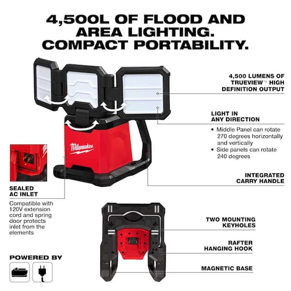 M18 18-Volt Lithium-Ion Cordless 4500 Lumens ROVER Dual Power Triple-Panel Flood w/ (1) 5Ah Battery & Charger