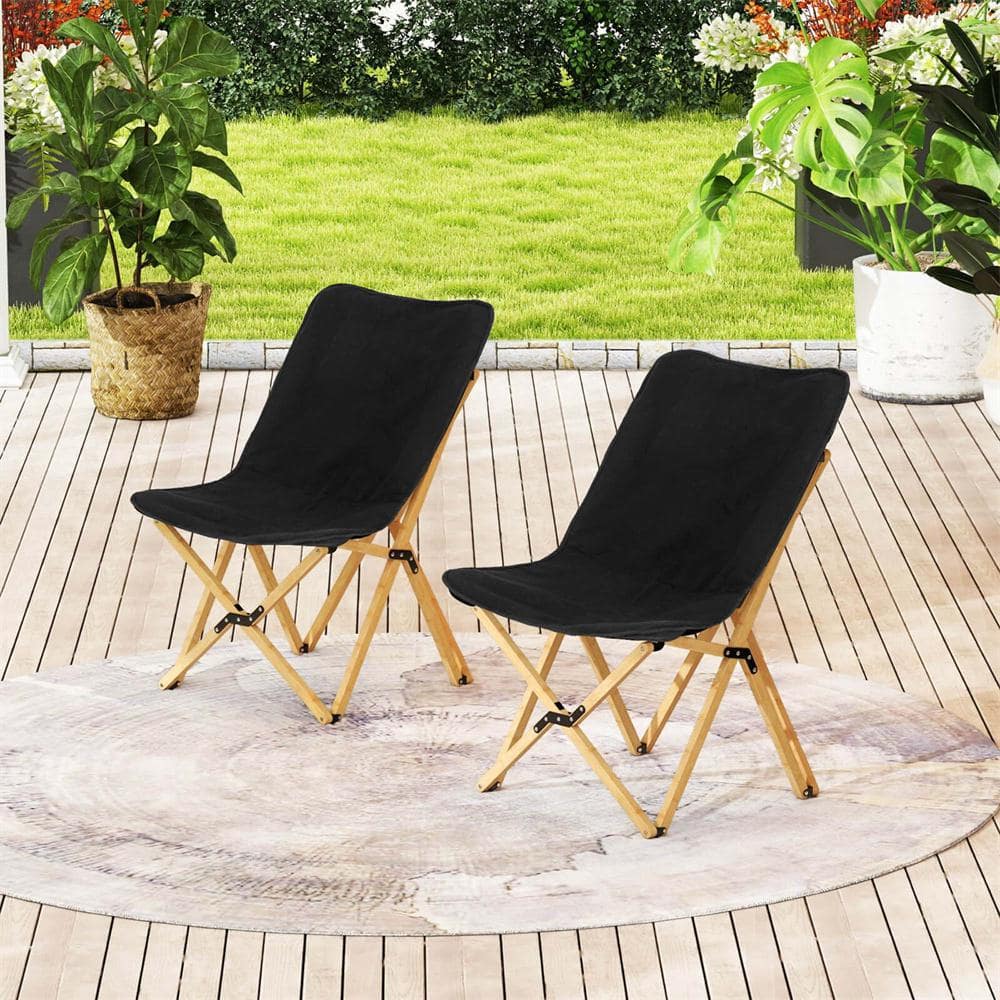 Costway Bamboo Metal Butterfly Black Folding Lawn Chair Set