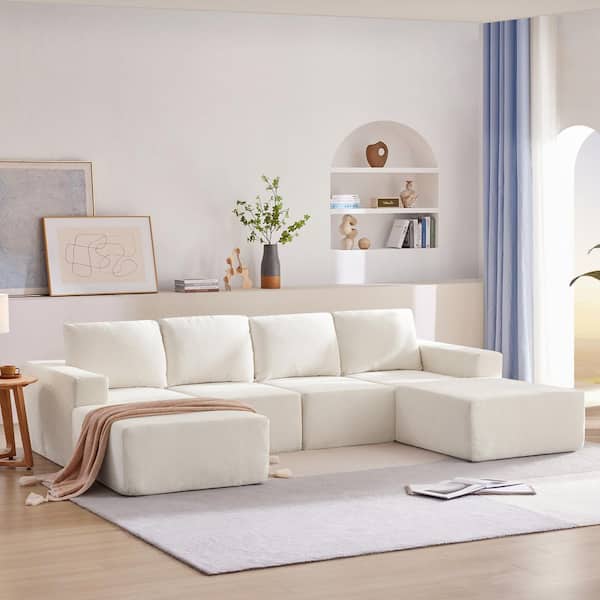 110 in. Square Arm Chenille U-Shaped Modular Sectional Sofa in Beige with Ottomans, No Assembly Required