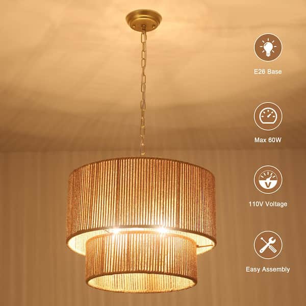 ADSENSTY 5 Light 2-Tier Gold Drum Rattan Dimmable Chandelier for