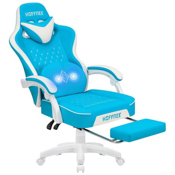 Faux Leather Reclining Ergonomic Gaming Chair in Sky Blue with Vibration Lumbar Pillow and Footrest