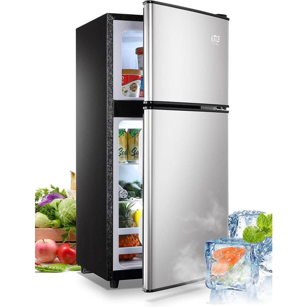 17.5 in. 3.5 cu. ft. Compact Mini Refrigerator in Silver with 2 Doors and 7 Level Thermostat Removable Shelves