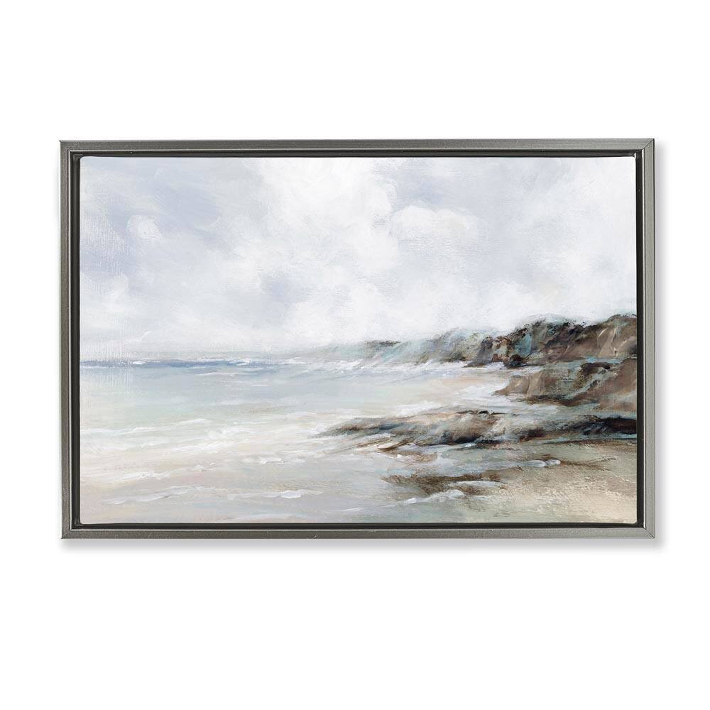 Classic Shoreline Cliffs by Luna Mavis Gray Floater Frame Coastal Graphic Art Print 21 in. x 31 in.